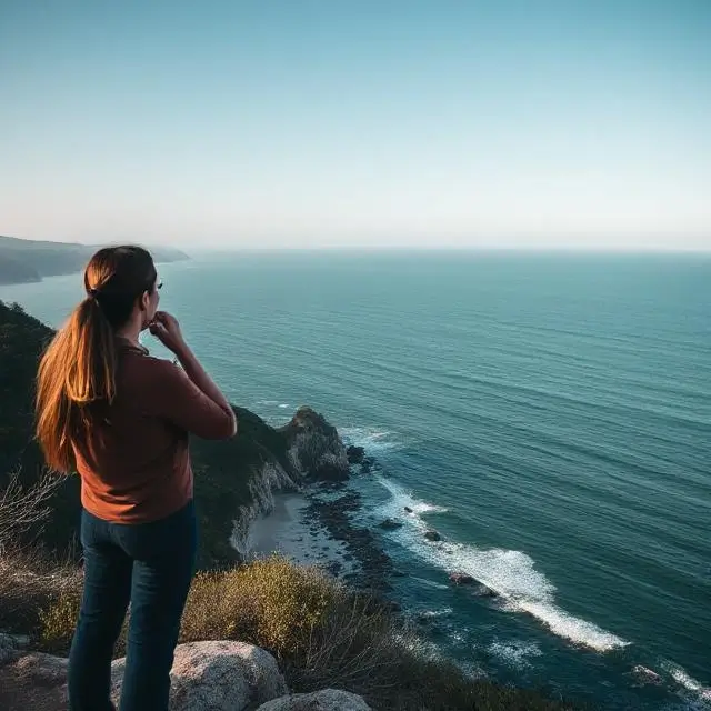 Figura mirando hacia una costa serena