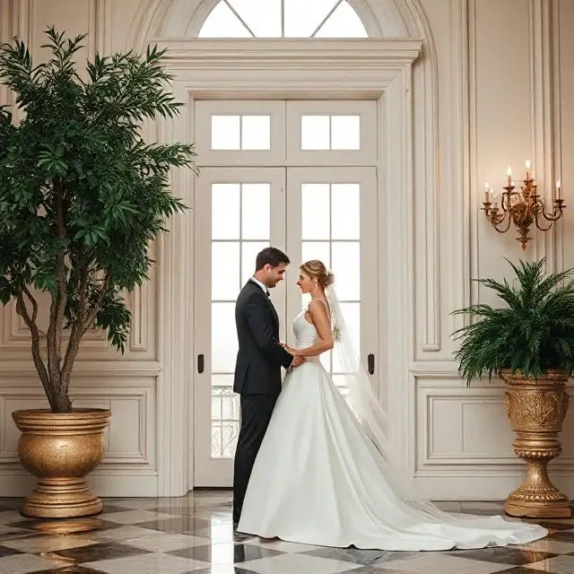 Pareja elegante en un entorno clásico