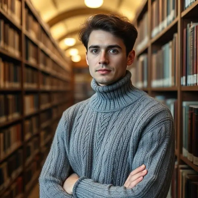 Persona en una biblioteca vistiendo prendas de punto finas