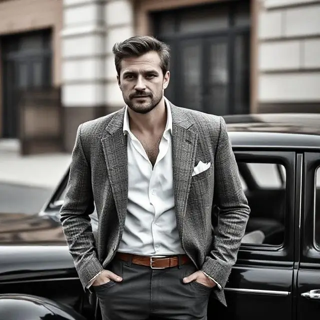 Hombre con blazer junto a un coche antiguo